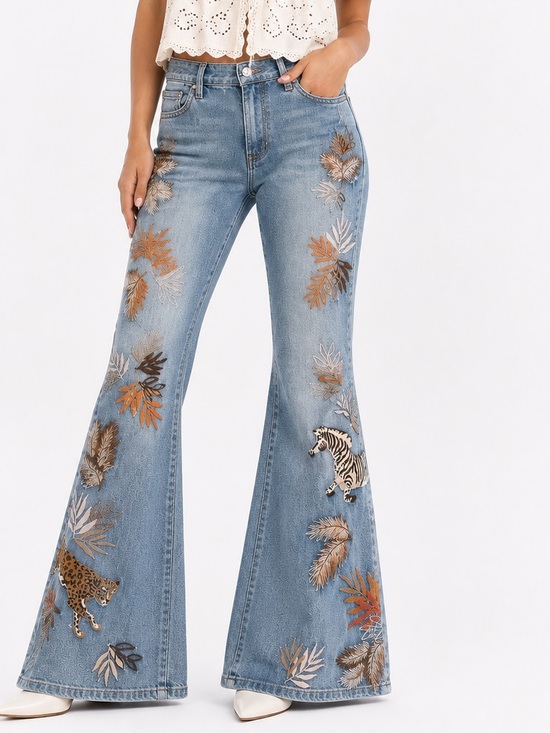 DRIFTWOOD Denim - Drifftwood Embroidered Flare Jeans with zebra ,Tiger Animal Details